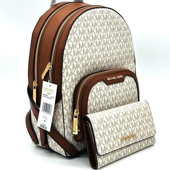 Michael Kors Medium Jaycee Zip Packet Backpack & Trifold Wallet Vanilla/Brown - Picture 2 of 16